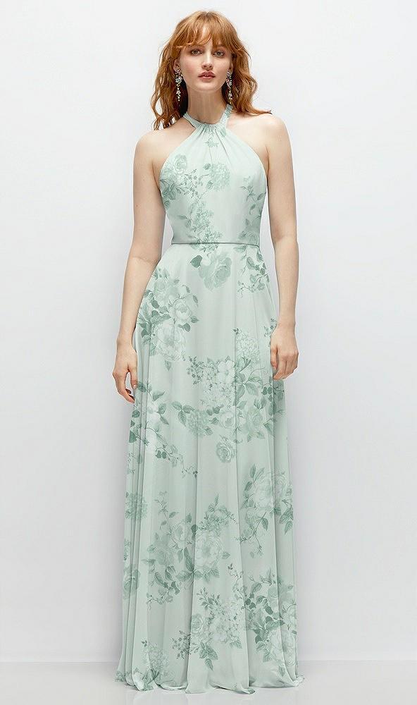 shirred halter chiffon maxi dress with back sash-tie closure