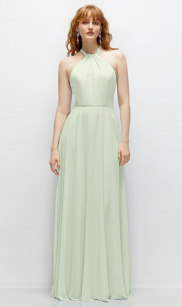shirred halter chiffon maxi dress with back sash-tie closure