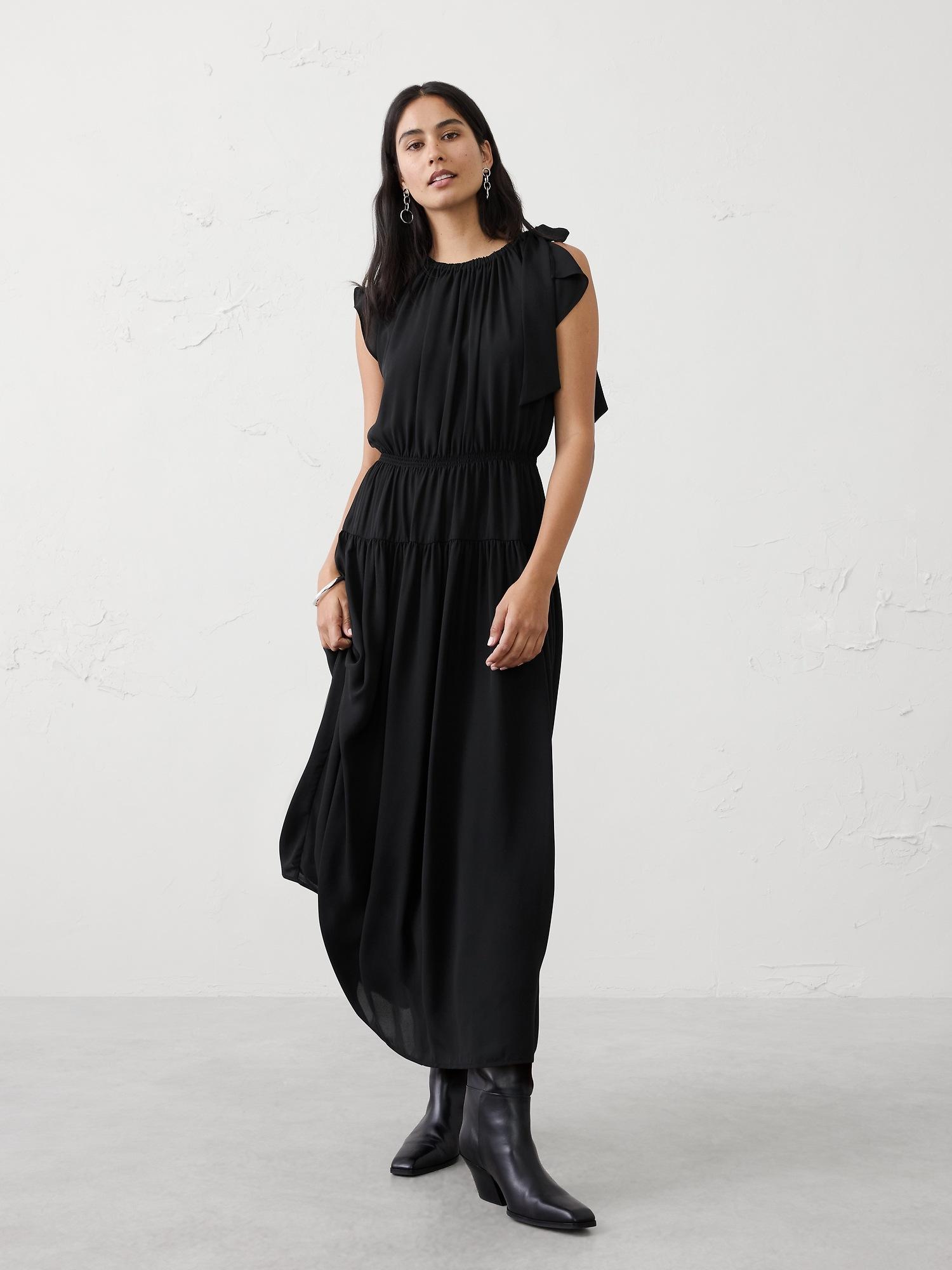 shirred-neck drop-skirt midi dress