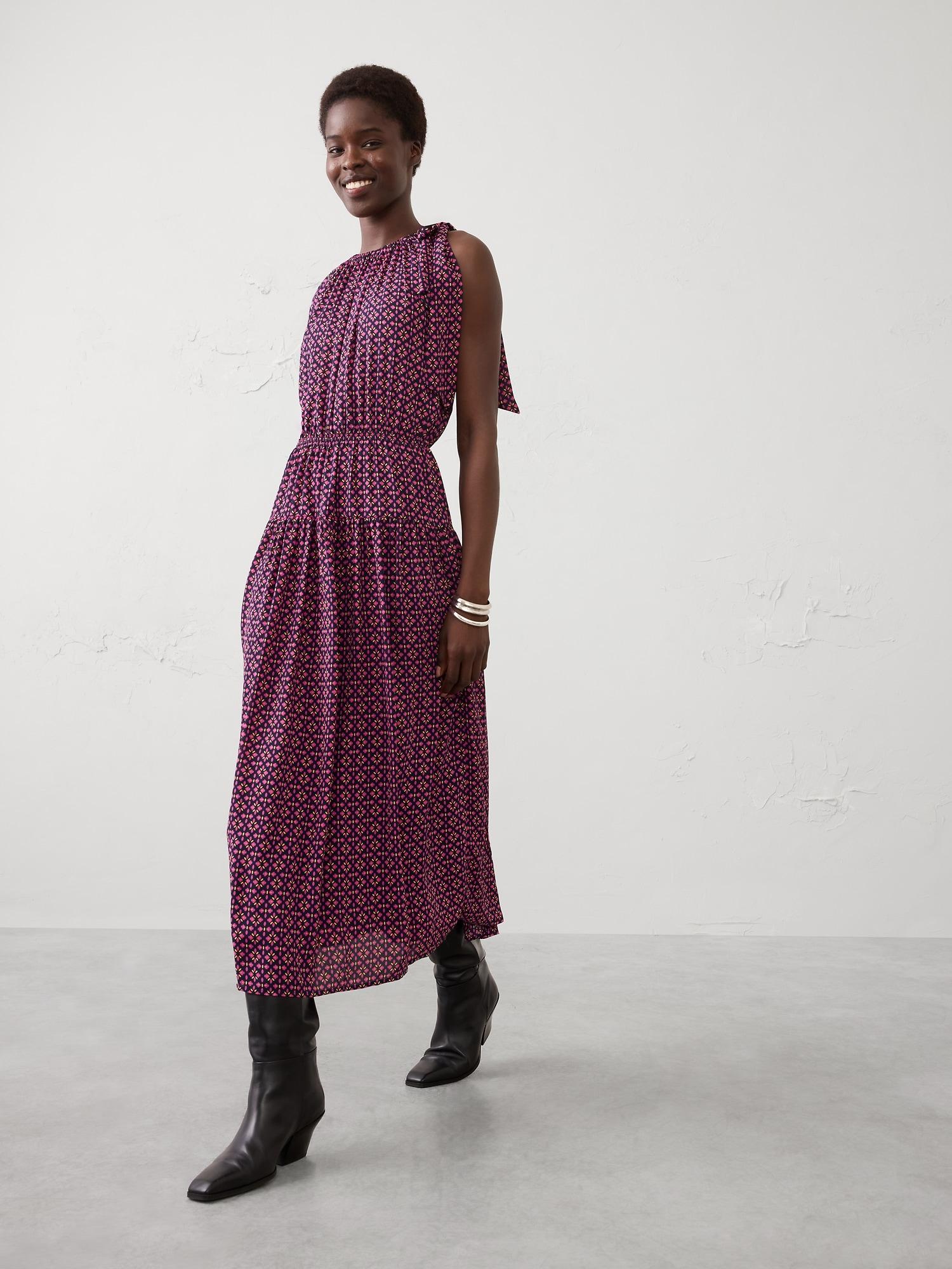 shirred-neck drop-skirt midi dress
