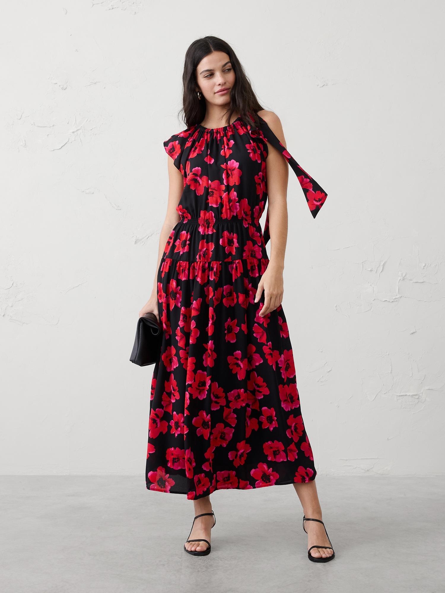 shirred-neck drop-skirt midi dress