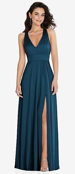 shirred shoulder criss cross back maxi dress with front slit