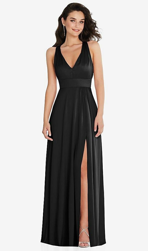 shirred shoulder criss cross back maxi dress with front slit