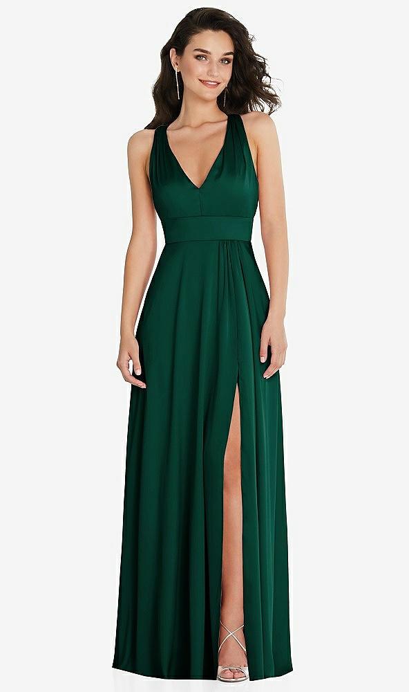 shirred shoulder criss cross back maxi dress with front slit