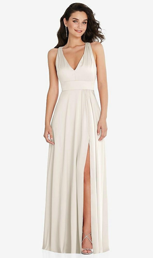 shirred shoulder criss cross back maxi dress with front slit