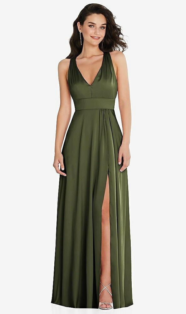 shirred shoulder criss cross back maxi dress with front slit