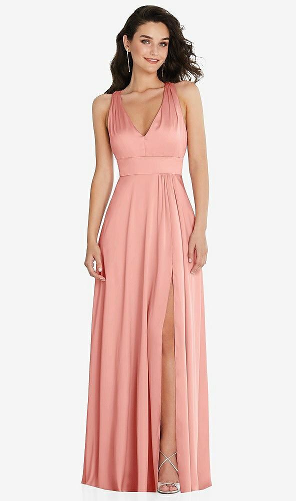 shirred shoulder criss cross back maxi dress with front slit