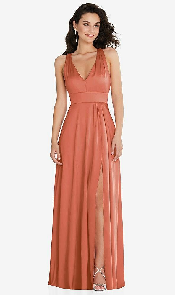 shirred shoulder criss cross back maxi dress with front slit