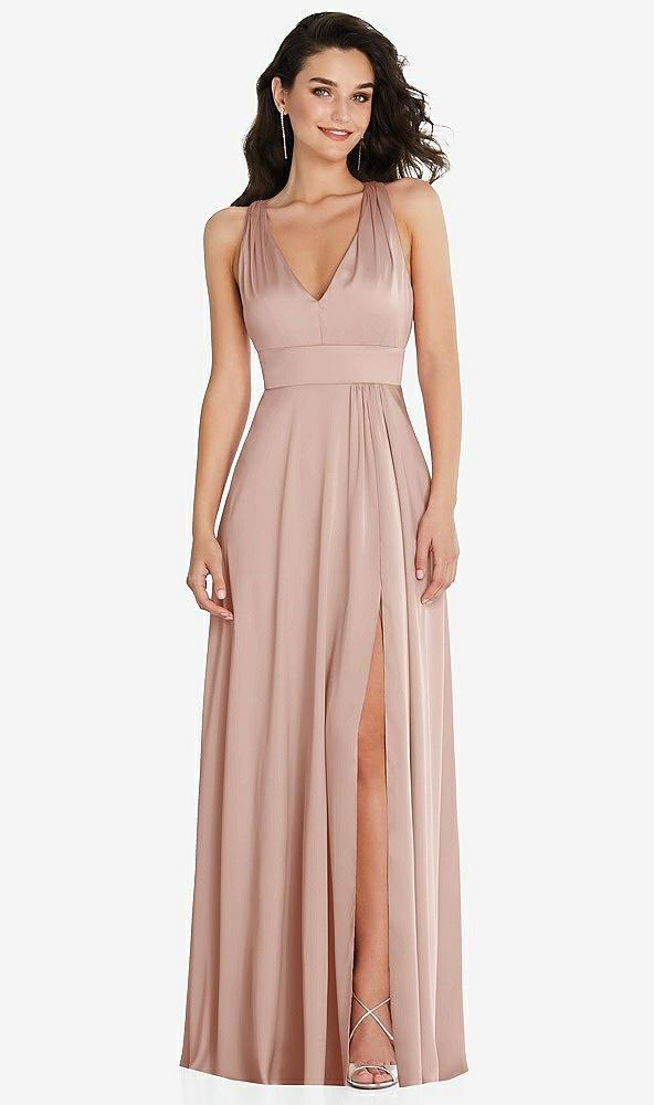 shirred shoulder criss cross back maxi dress with front slit