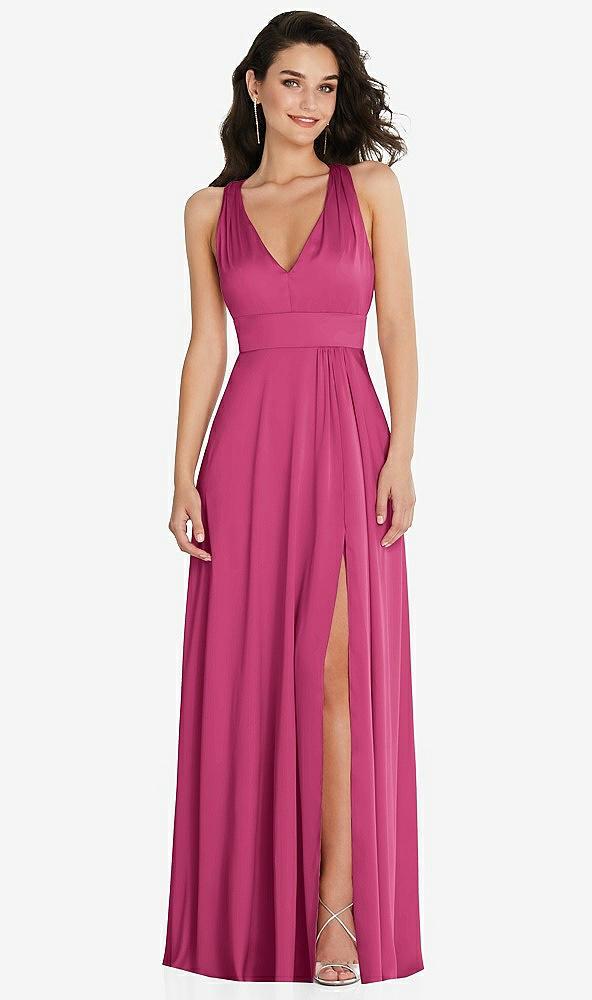 shirred shoulder criss cross back maxi dress with front slit
