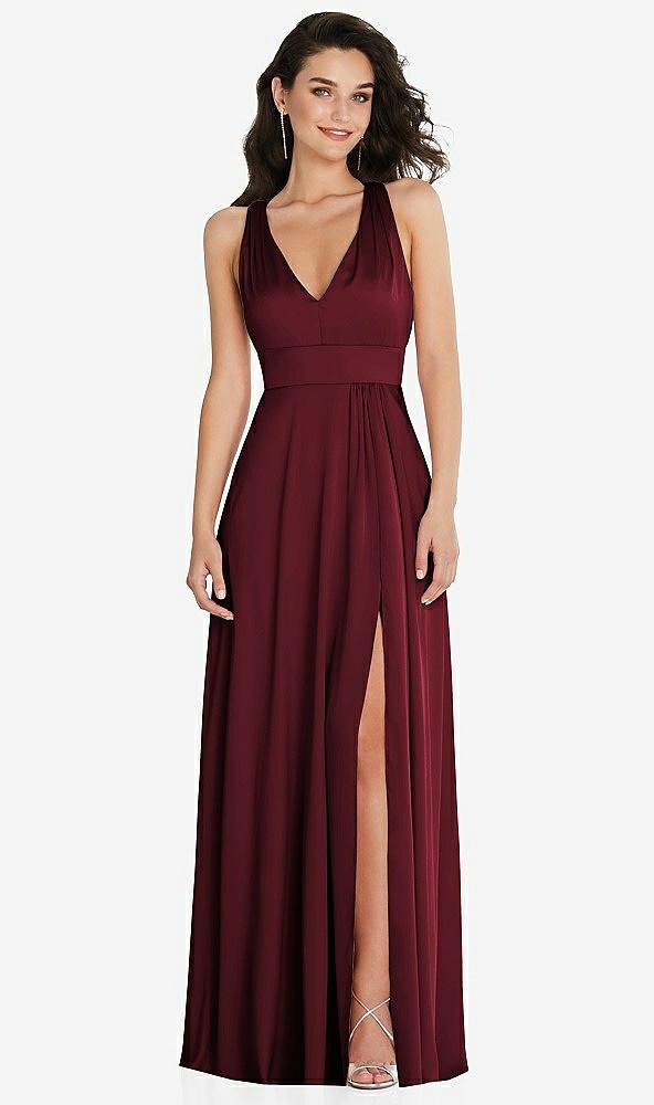 shirred shoulder criss cross back maxi dress with front slit