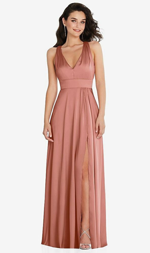 shirred shoulder criss cross back maxi dress with front slit