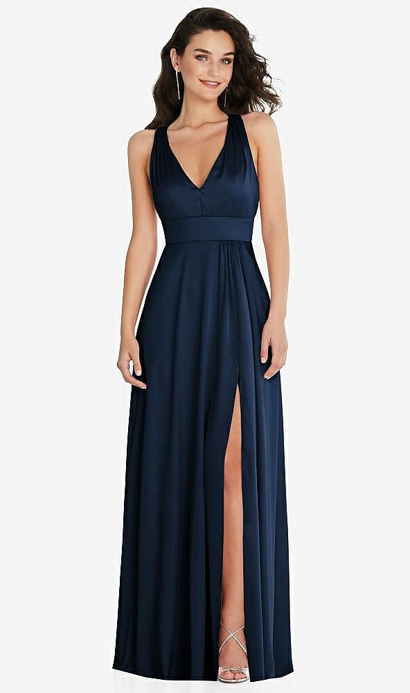 shirred shoulder criss cross back maxi dress with front slit
