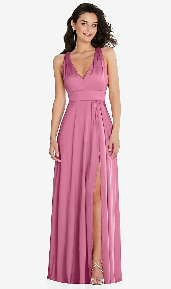 shirred shoulder criss cross back maxi dress with front slit