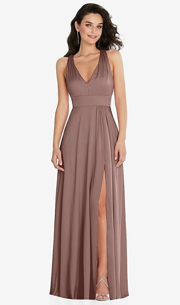 shirred shoulder criss cross back maxi dress with front slit