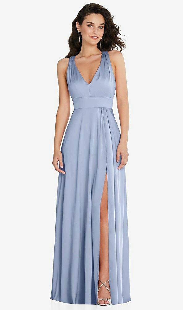 shirred shoulder criss cross back maxi dress with front slit