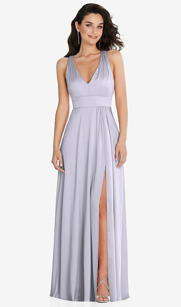shirred shoulder criss cross back maxi dress with front slit
