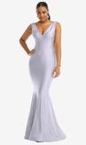 shirred shoulder stretch satin mermaid dress with slight train