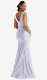 shirred shoulder stretch satin mermaid dress with slight train