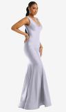 shirred shoulder stretch satin mermaid dress with slight train