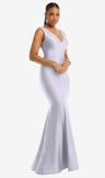 shirred shoulder stretch satin mermaid dress with slight train