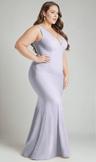 shirred shoulder stretch satin mermaid dress with slight train