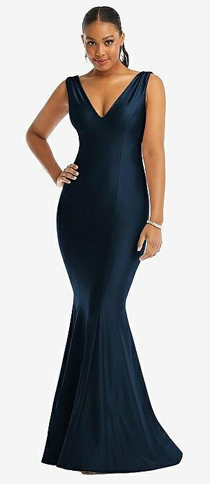 shirred shoulder stretch satin mermaid dress with slight train
