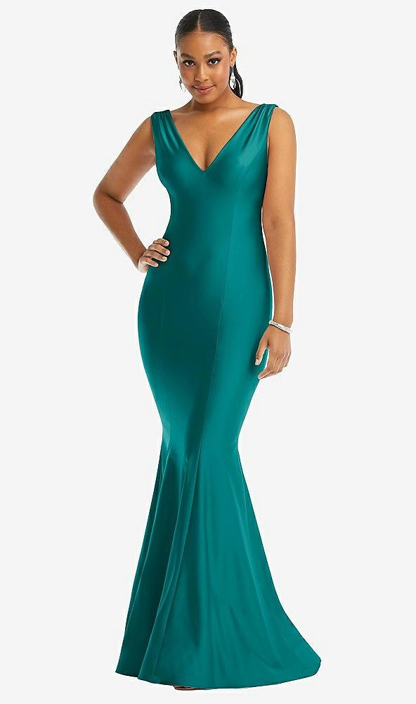 shirred shoulder stretch satin mermaid dress with slight train