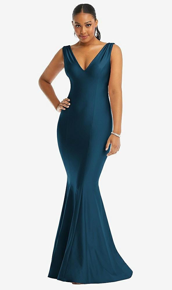 shirred shoulder stretch satin mermaid dress with slight train
