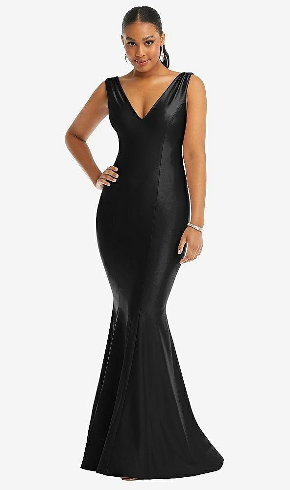 shirred shoulder stretch satin mermaid dress with slight train