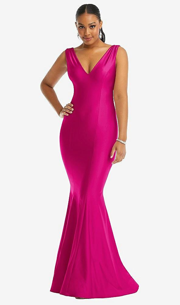 shirred shoulder stretch satin mermaid dress with slight train