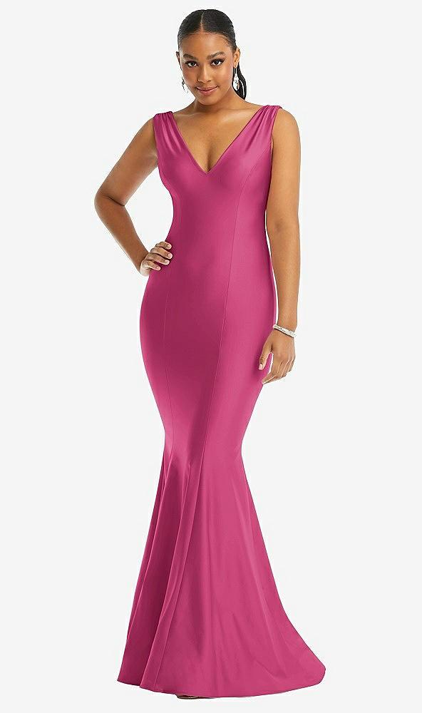shirred shoulder stretch satin mermaid dress with slight train