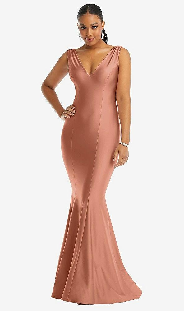 shirred shoulder stretch satin mermaid dress with slight train