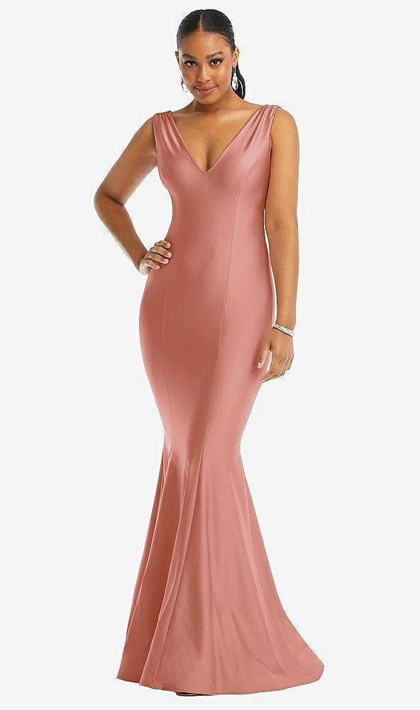 shirred shoulder stretch satin mermaid dress with slight train