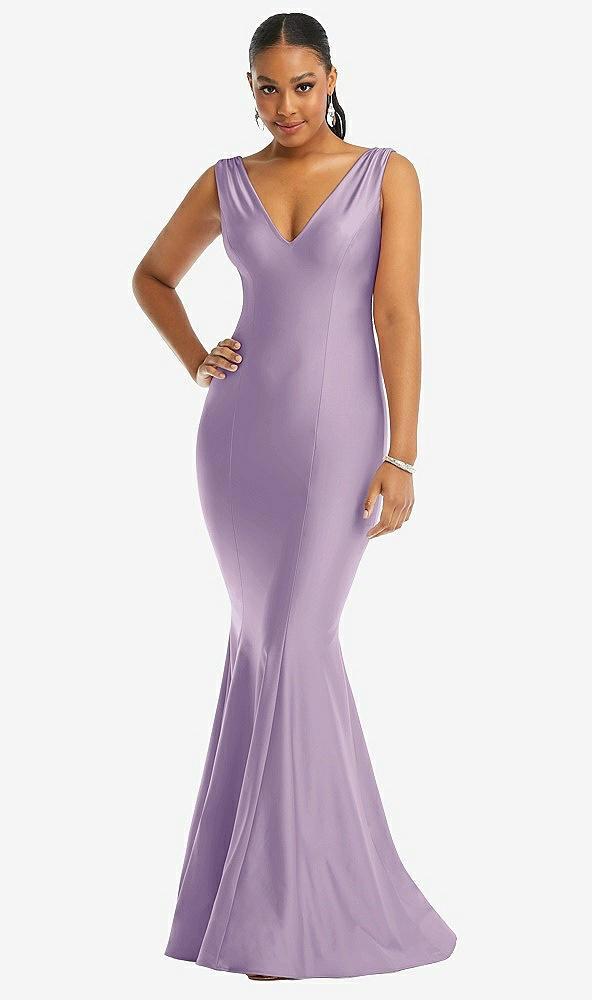 shirred shoulder stretch satin mermaid dress with slight train