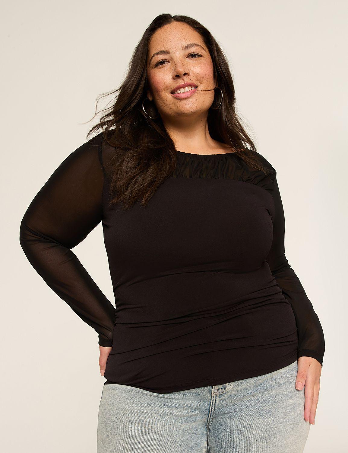 shirred-side boatneck mesh & jersey top