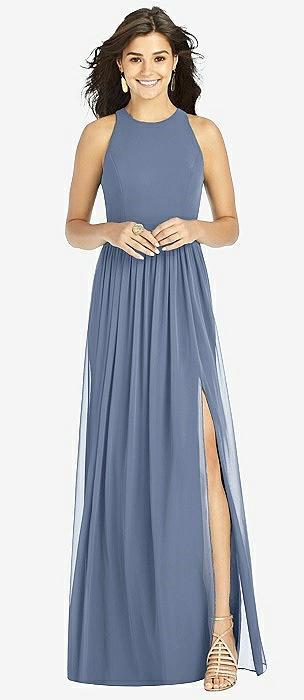 shirred skirt jewel neck halter dress with front slit