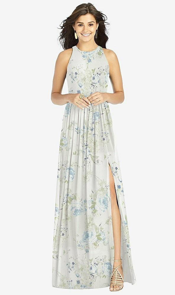 shirred skirt jewel neck halter dress with front slit