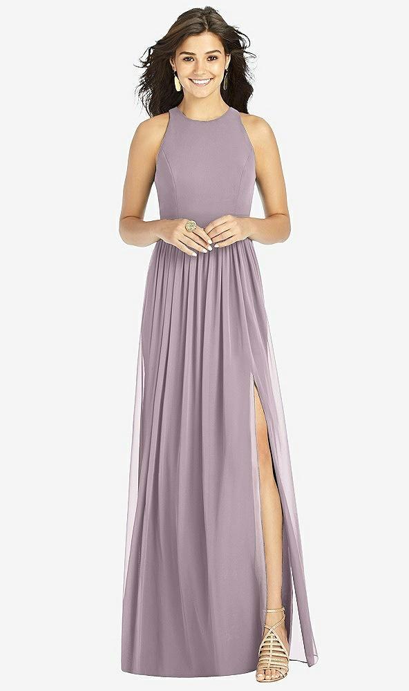shirred skirt jewel neck halter dress with front slit