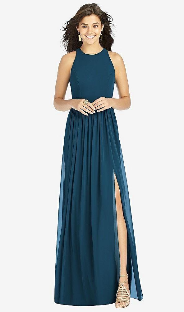 shirred skirt jewel neck halter dress with front slit