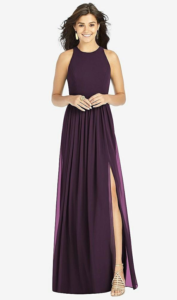 shirred skirt jewel neck halter dress with front slit