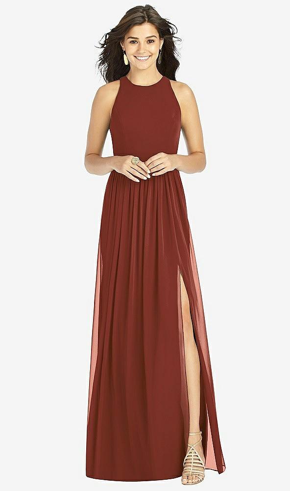 shirred skirt jewel neck halter dress with front slit