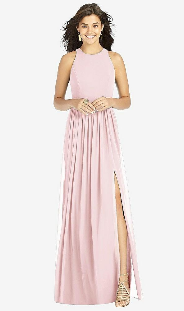 shirred skirt jewel neck halter dress with front slit