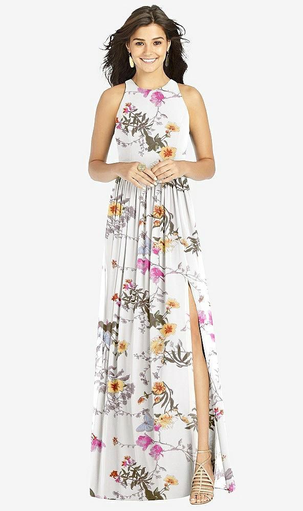 shirred skirt jewel neck halter dress with front slit