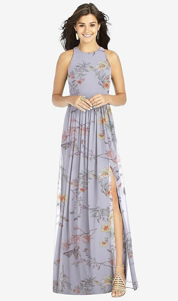 shirred skirt jewel neck halter dress with front slit