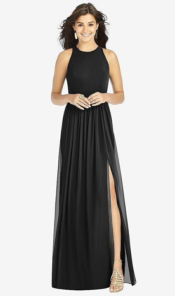 shirred skirt jewel neck halter dress with front slit