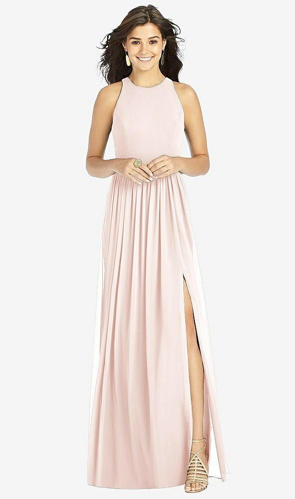 shirred skirt jewel neck halter dress with front slit