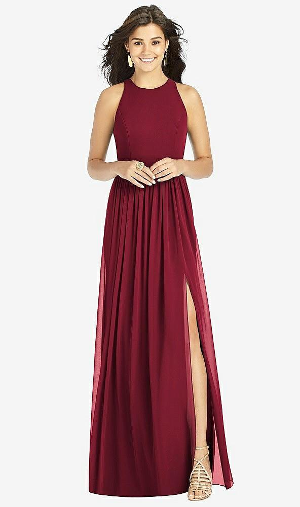shirred skirt jewel neck halter dress with front slit