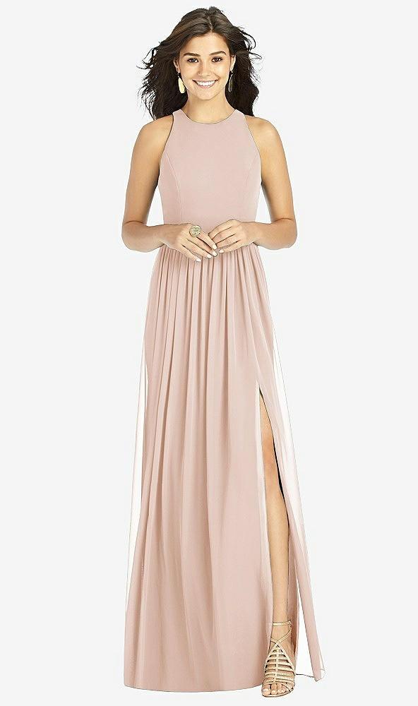 shirred skirt jewel neck halter dress with front slit