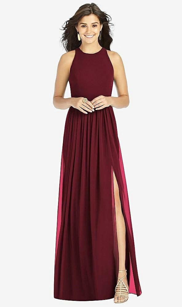 shirred skirt jewel neck halter dress with front slit